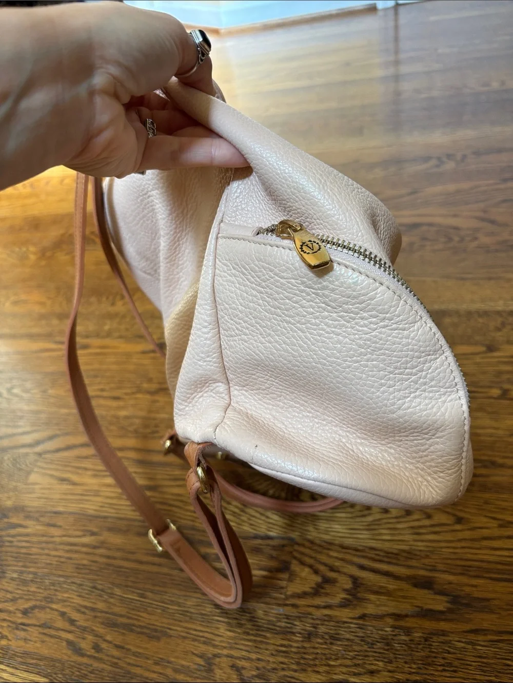 Blush Pink soft Leather Drawstring Multi Backpack w Tan Trim Valentina Italia